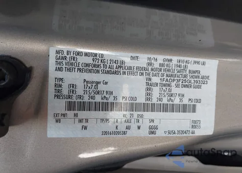 2016 Ford Focus Se from USA, damaged, VIN 1FADP3F25GL393323